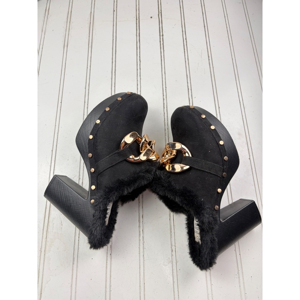 Rouge Vintage Y2K Black Faux Fur Gold Chain Platform Mules Women's Size 8 - Picture 8 of 9